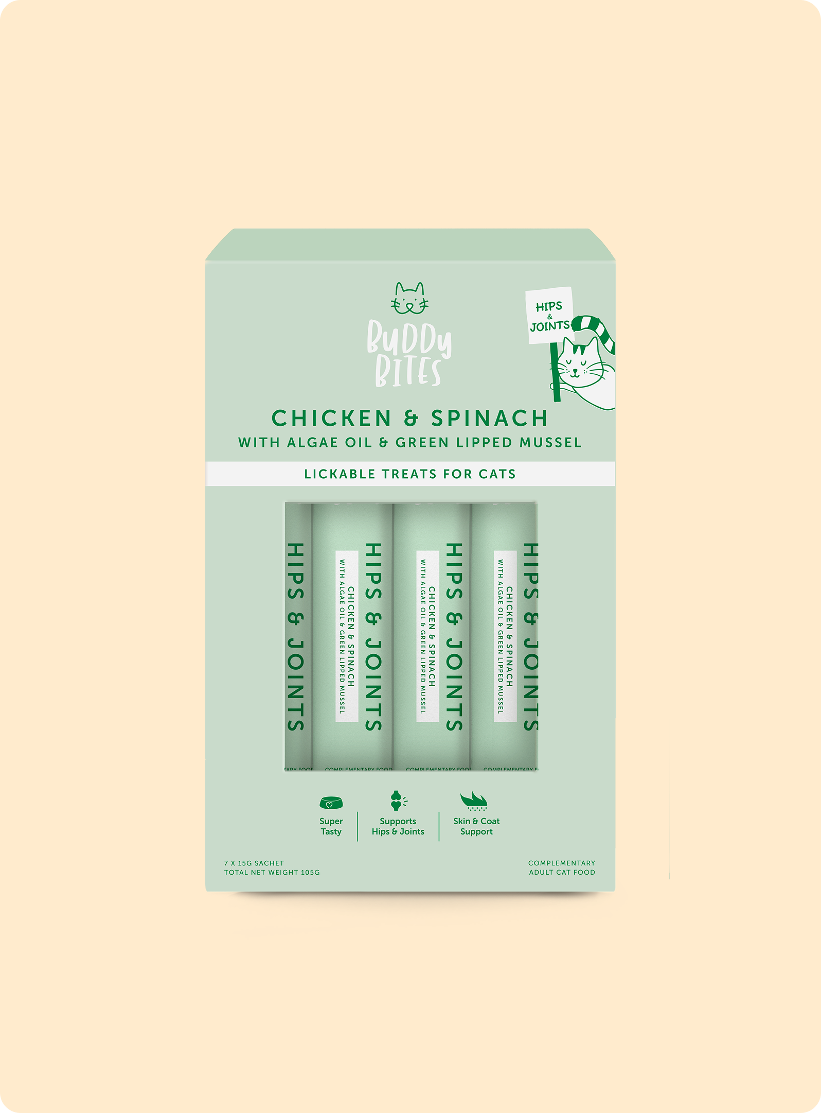 Cat Lickable Treats - Hips & Joints - Chicken with Spinach Box (15gx7)